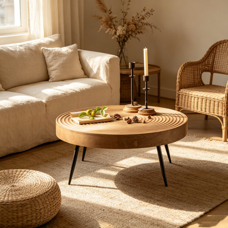 Table basse ronde en bois de cèdre massif avec plateau texturé 31 po, 13" H x 31" L x 31" W