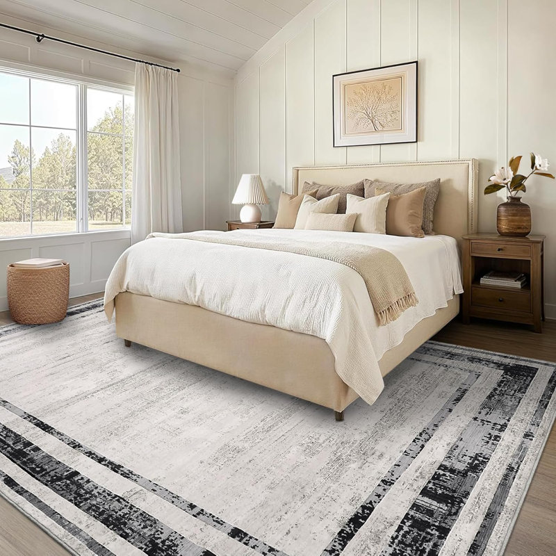 Washable Modern Distressed Edge Thin Indoor Rug, Low Pile Area Rug with Stain Resistant Surface, Non Slip Backing & Easy Clean for Living Room, Bedroom, Home Office, Entryway