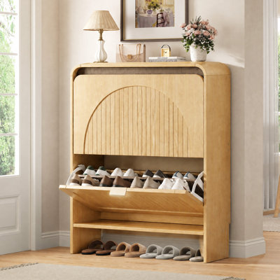 Meuble à chaussures moderne bicolore avec 2 tiroirs rabattables et étagères réglables, organisateur de chaussures avec panneau grillagé arqué, trousse anti-basculement