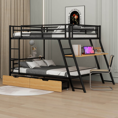 Ceti Full Size Metal Bunk Bed With Built-In Desk, Light And 2 Drawers