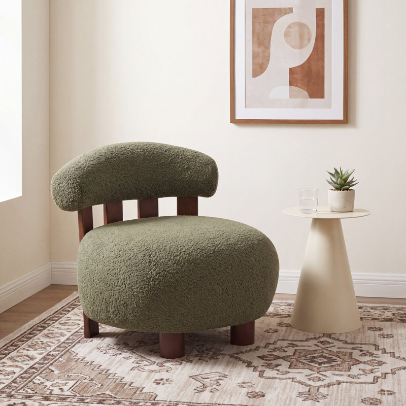 Chaise d'appoint rembourrée avec pieds en bois Zavier Boucle, Vert olive