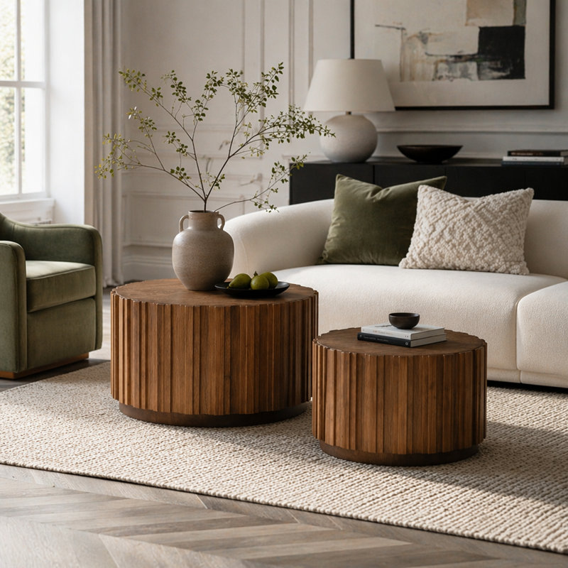 Ensemble de 2 nichoirs ronds gigognes en bois de noyer avec un design à lattes verticales pour un décor de salon rustique