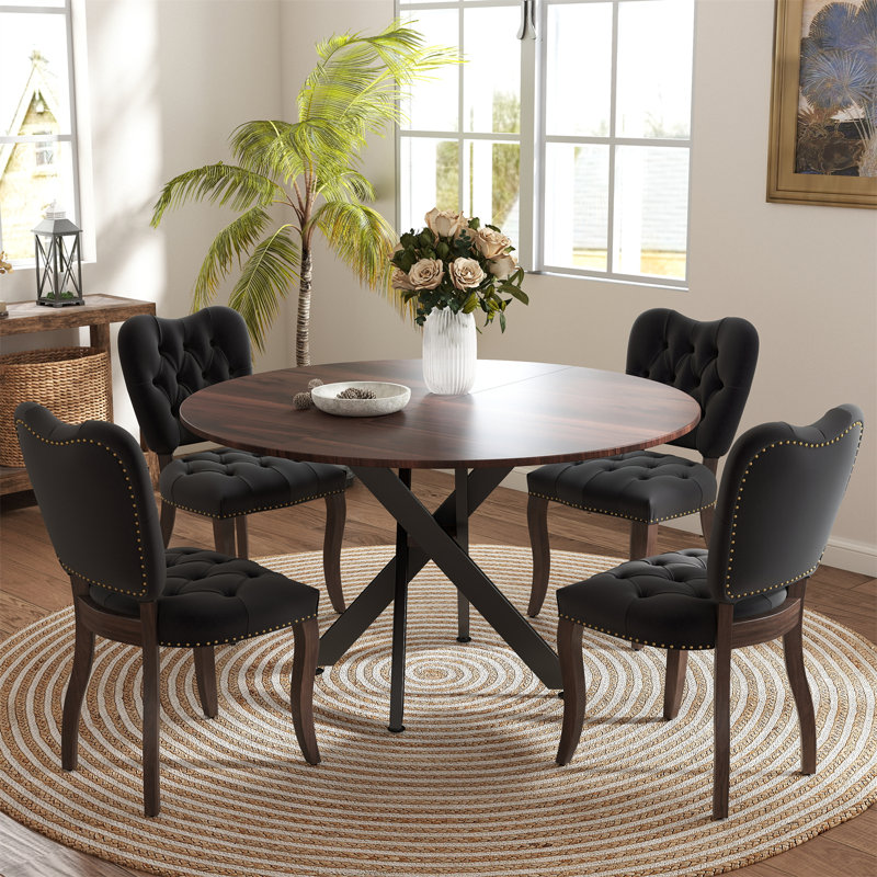 Ensemble de salle à manger à piédestal rond avec chaise en velours, H 29,5 po x L 47 po x l 47 po, Noir, noir, noir, noir