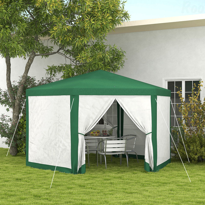 13' X 11' Outdoor Party Tent, Hexagon Sun Shade Shelter Canopy With Protective Mesh Screen Sidewalls, Ropes & Stakes, Green