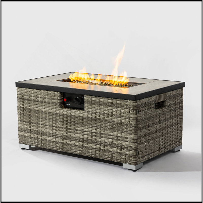 32" Propane Gas Fire Pit Table With Propane Tank Cover, 50000 BTU Rectangular Fire Pit With Beautiful Wicker Base For Outside Garden
