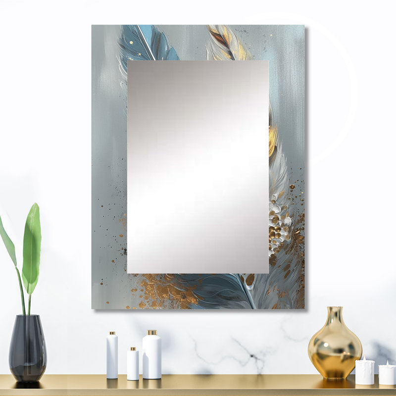 Gold Feather Wanderlust I - Glam Feather Decorative Mirror, Modern Wall Mirror, Printed Metal Art, 32" x 24"