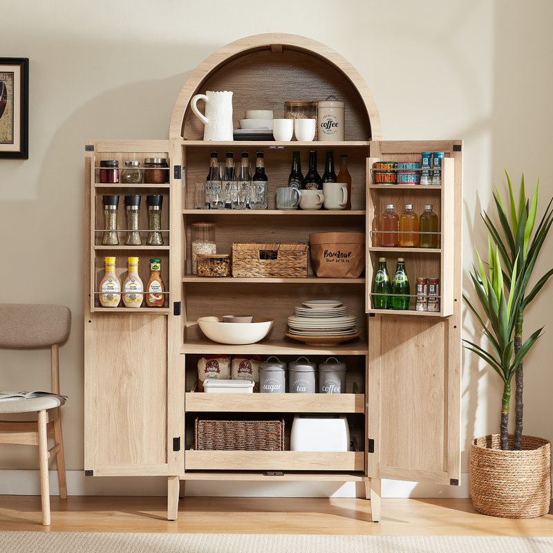 71 Inch Tall Arched Cabinet, Kitchen Pantry Cabinet With Doors & Shelves, Oak