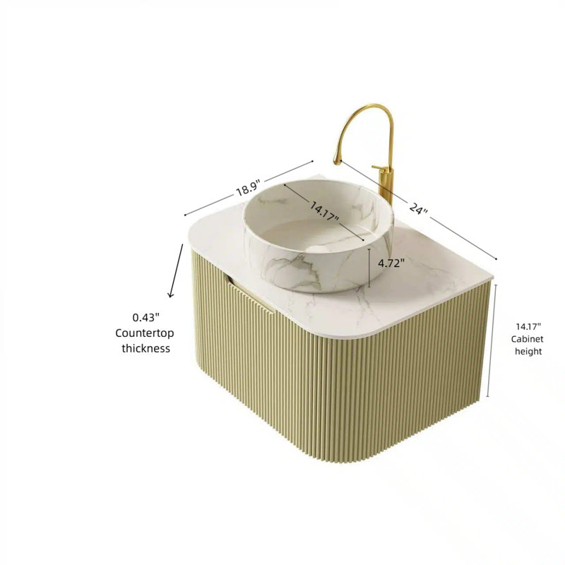 Meuble-lavabo flottant 24 po avec lavabo vasque, armoire en contreplaqué nervuré courbé, tiroir à fermeture en douceur, plateau en pierre