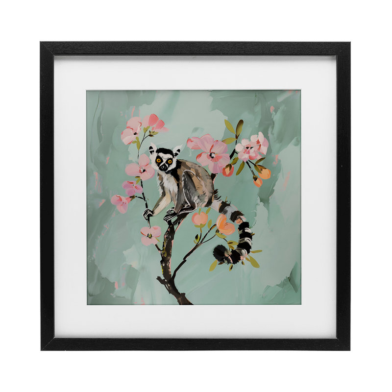 Lémurien perché sur des fleurs printanières, reproduction sous verre, conception par Amanda Tsoukanelis, H 13 po x l 13 po