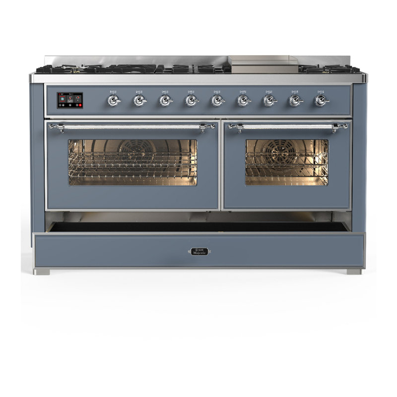 Majestic III Series 60 Inch Dual Fuel Range with 7 Sealed Burners, Griddle, in Blue Grey (Liquid Propane, Burnished Trim)