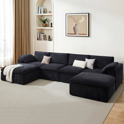 152.4" 6-seat U-shaped Modular Sectional Sofa with Compressed Design, No-assembly Sectional/corner Couch, Black Chenille