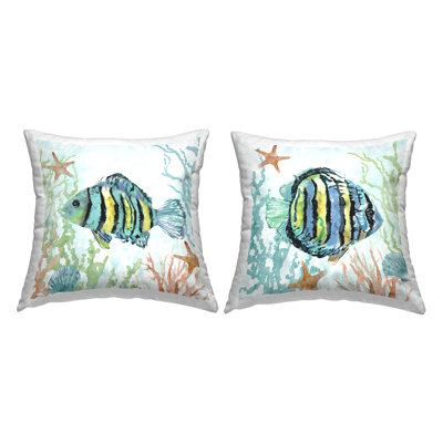 Tropical Striped Fish Underwater 2 PC Decorative Printed Throw Pillow Set by Carol Robinson