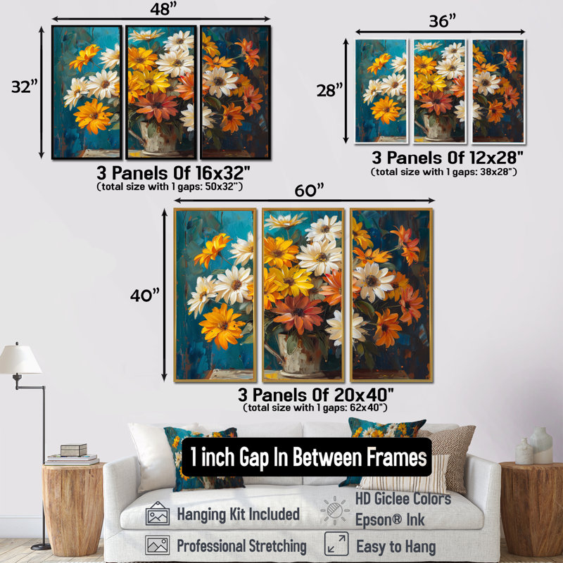 «Farmhouse Daisies In Milk Bucket» - ensemble d'art mural marguerites, Toile naturelle avec cadre flottant