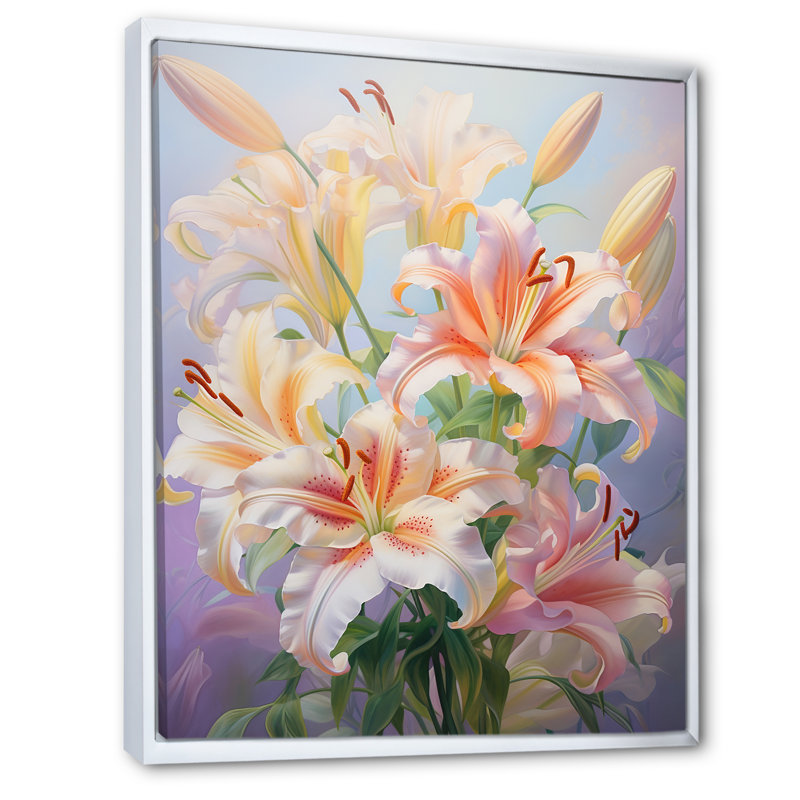 Impression romantique rose et lis rose et jaune, H 44 po x l 34 po x P 1,5 po, Cadre flottant blanc