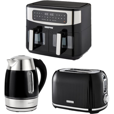 GEEPAS 1.7L Illuminating Electric Kettle 2 Slice Bread Toaster & 9L Dual Zone Air Fryer Kitchen Combo Set | 2200W Rapid Boil Cordless Jug Kettle | 1000W Toaster | 9L XL Capacity, Oil Free Fryer