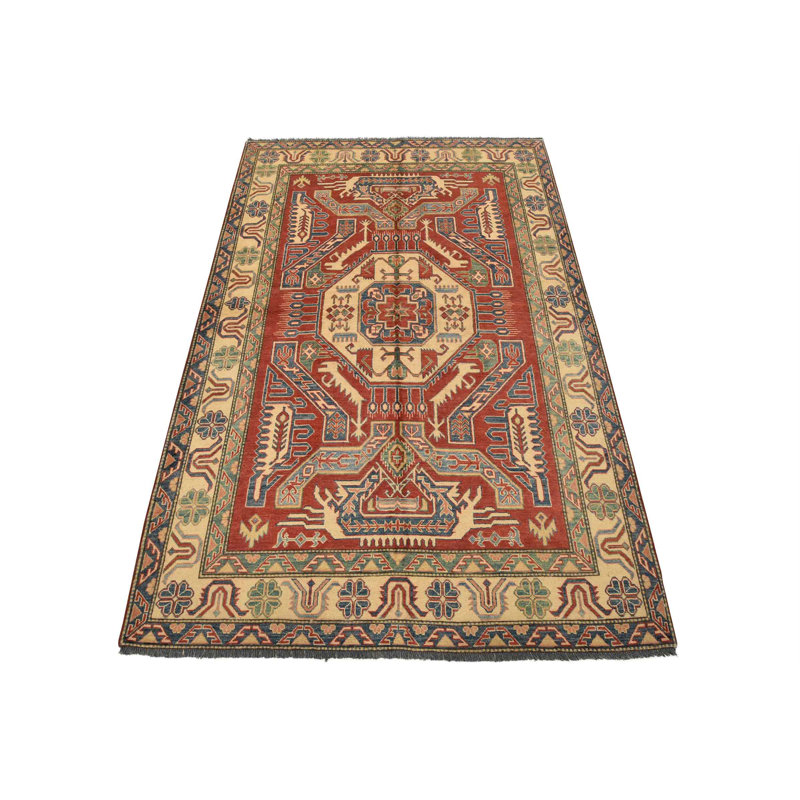 Tapis oriental rouge en laine noué à la main 6 pi x 9 pi 2 po Kazak