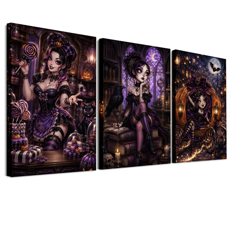 Ensemble de 3 toiles murales représentant une sorcière gothique en corset violet, idéal pour Halloween.