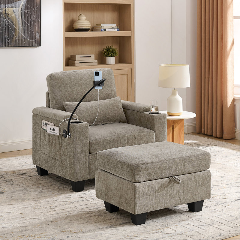 Canapé inclinable simple avec dossier réglable manuellement, port de charge USB sur le côté de l'accoudoir, support pour téléphone inclus, rangement caché pour l'accoudoir et repose-pieds assorti