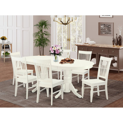 7 Piece Dining Room Furniture Set Consists of an Oval Wooden Table with Butterfly Leaf and 6 Kitchen Dining Chairs, Linen White