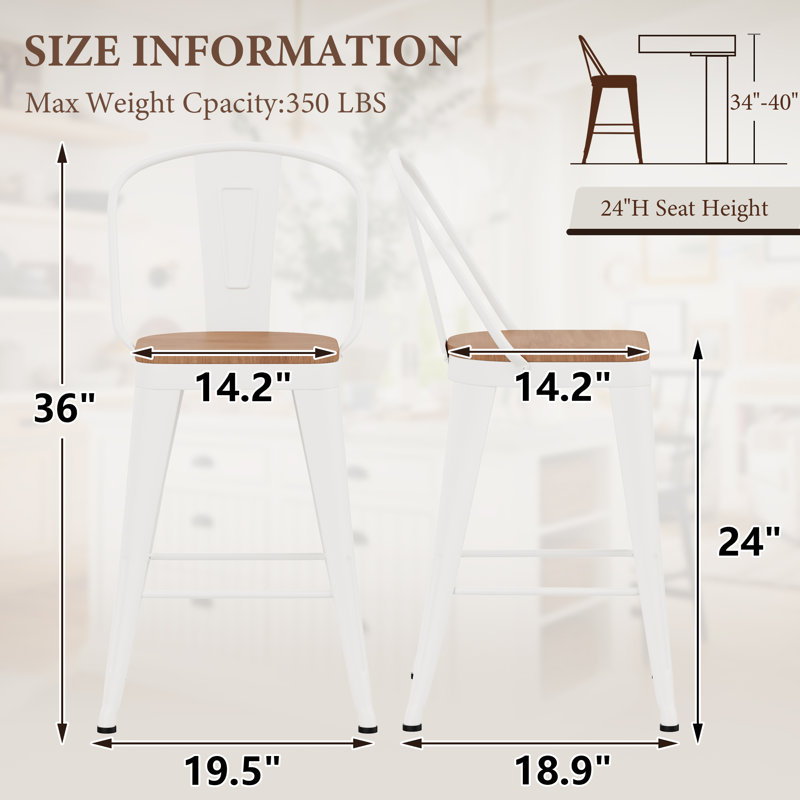High Back Metal Counter And Bar Stools, White, Counter Stool (24” Seat Height)
