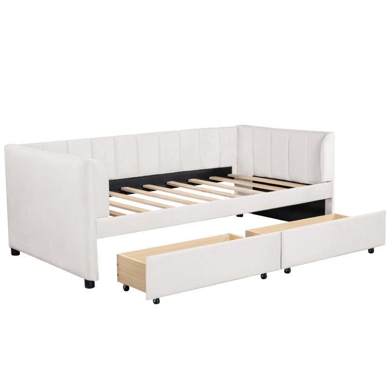 Lit de jour simple beige avec 2 tiroirs et tête de lit ergonomique classique à rayures pour un espace de rangement confortable