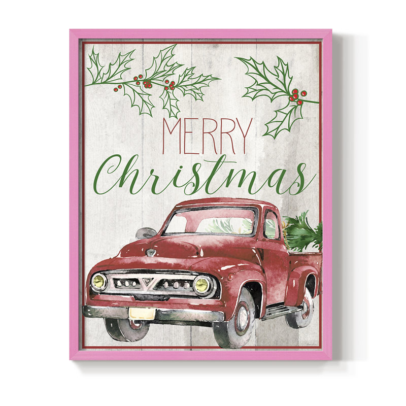 Merry Christmas - camion rouge, reproduction encadrée - bois massif, Rose, H 11 po x l 9 po