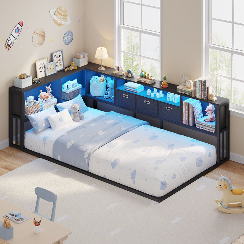 Corner Bed Frame With 3 Fabric Storage Drawers And 5-Grid Bookcase,  Black, Twin, Black