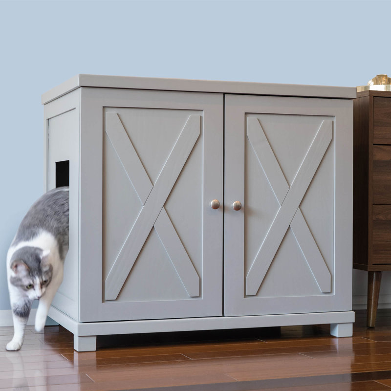 The Refined Litter Box - Wood Cat Litter Box Enclosure Cabinet with Drawer, Farmhouse Style + Feet, Extra Large, White