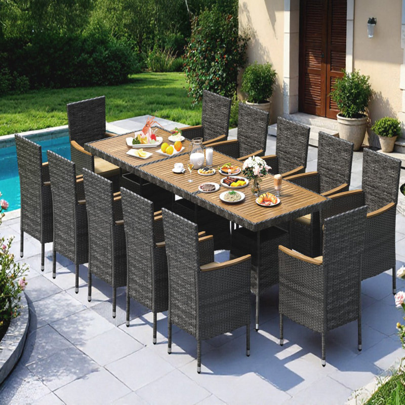 Ensemble repas extérieur pour 12 personnes avec coussins, Gris