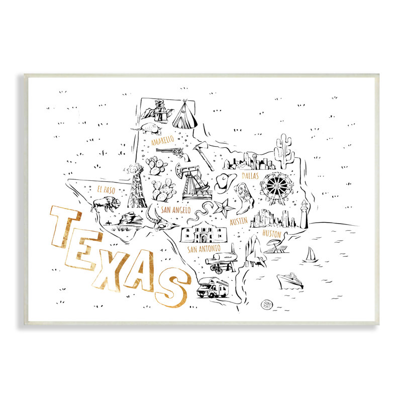 Carte du Texas, points de repère, diagramme, par Ziwei Li - impression, Plaque murale, H 10 po x l 15 po x P 0,5 po