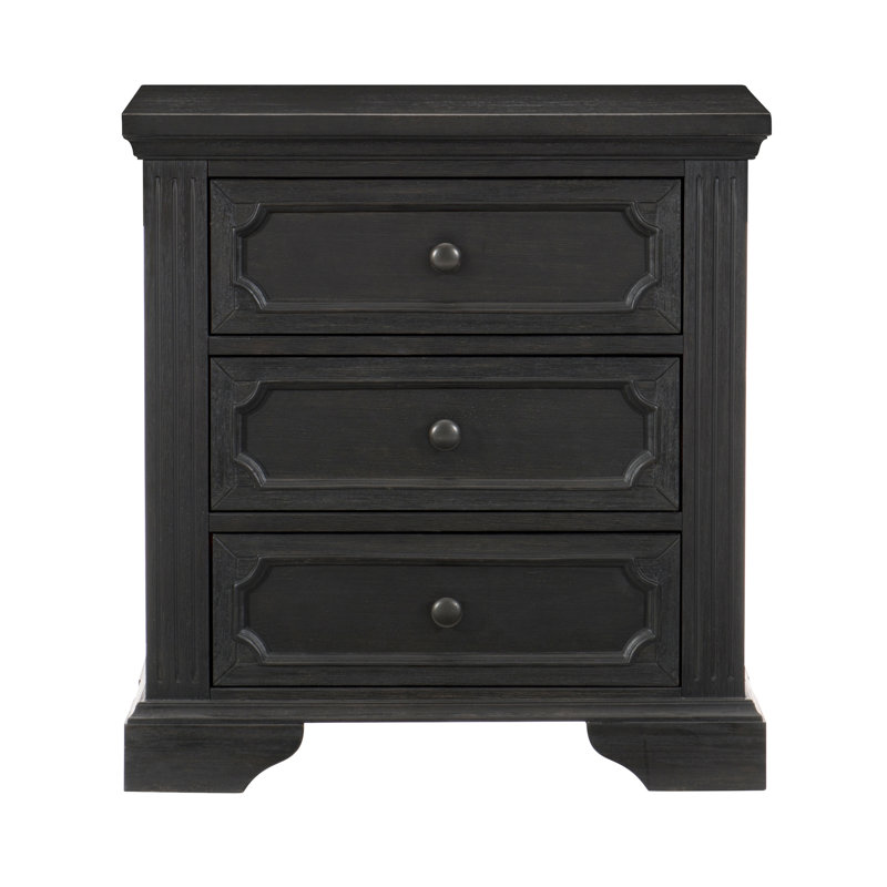 Table de chevet rustique traditionnelle à 3 tiroirs avec finition anthracite brossée et boutons bronze clair, parfaite pour les chambres élégantes