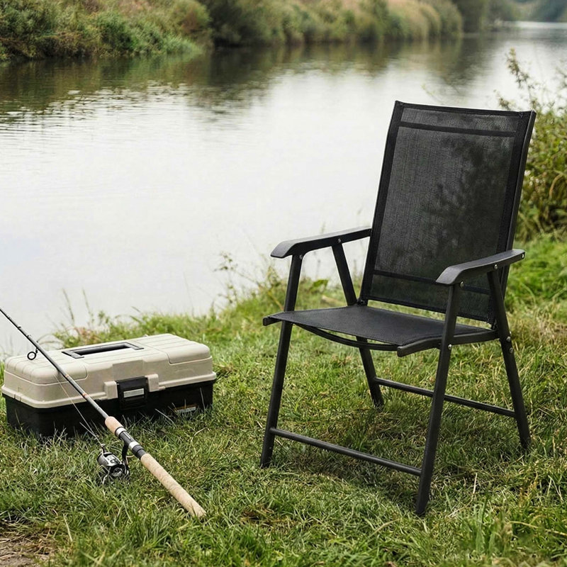 Chaise d'extérieur pour 2 personnes pour terrasse de jardin - construction résistante aux intempéries, dossier haut ergonomique, conception pliable, sans assemblage, noir, cadre en acier rouillé, structure en acier, filet, rangement facile, assemblage