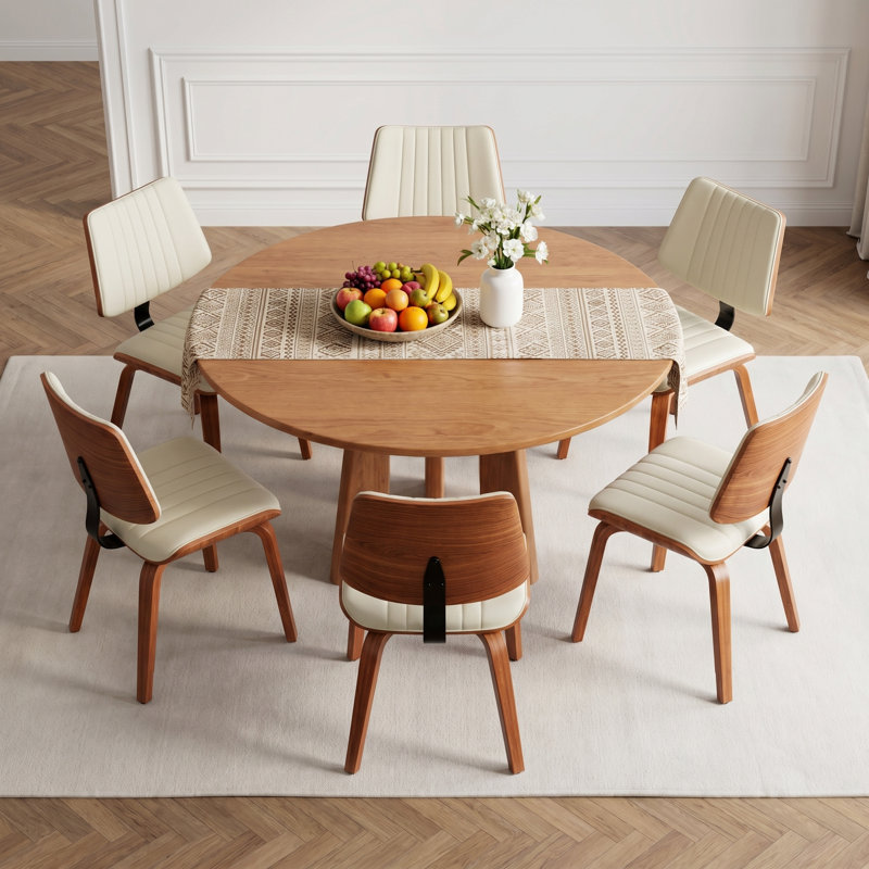 Modern Upholstered Faux Leather Dining Chairs with Walnut Bentwood Frame, 4, Beige
