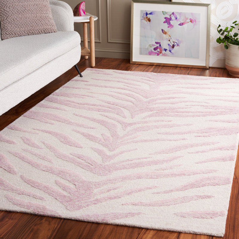 Vinney Ebony Hand Tufted Wool Cotton Animal Print Rug in Ivory/Pink, Rectangle 5' x 8'