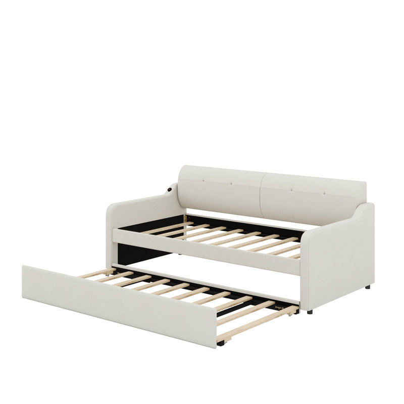 Twin Upholstery Daybed With Trundle And USB, Beige