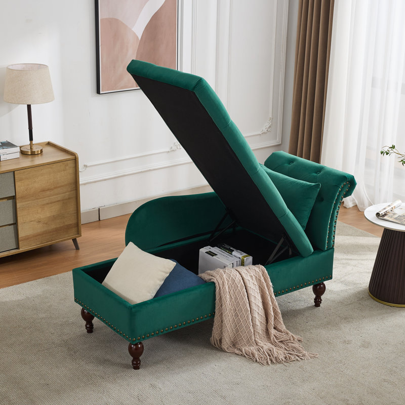 Chaise longue de rangement rembourrée avec coussin de rangement, Vert foncé