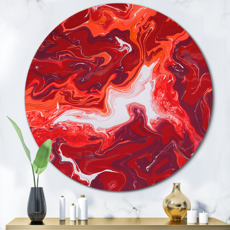 Red and White Marble Ripples - Art mural moderne en cercle métallique, H 29 po x l 29 po x P 1 po