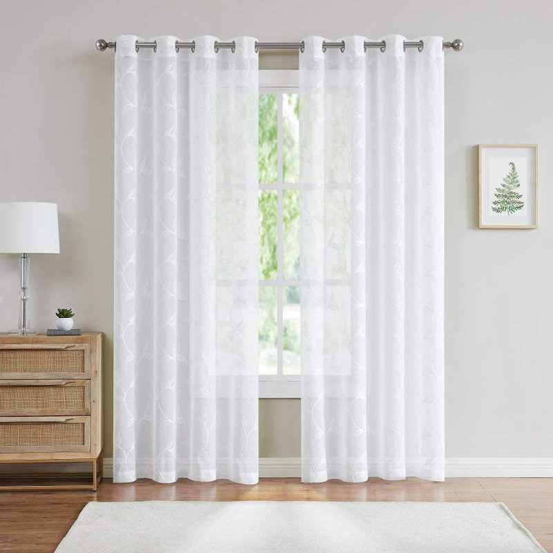Floral Sheer Grommet Curtain Panels with Stitched Leaf Embroidery, Silver, 	54" W x 96" L