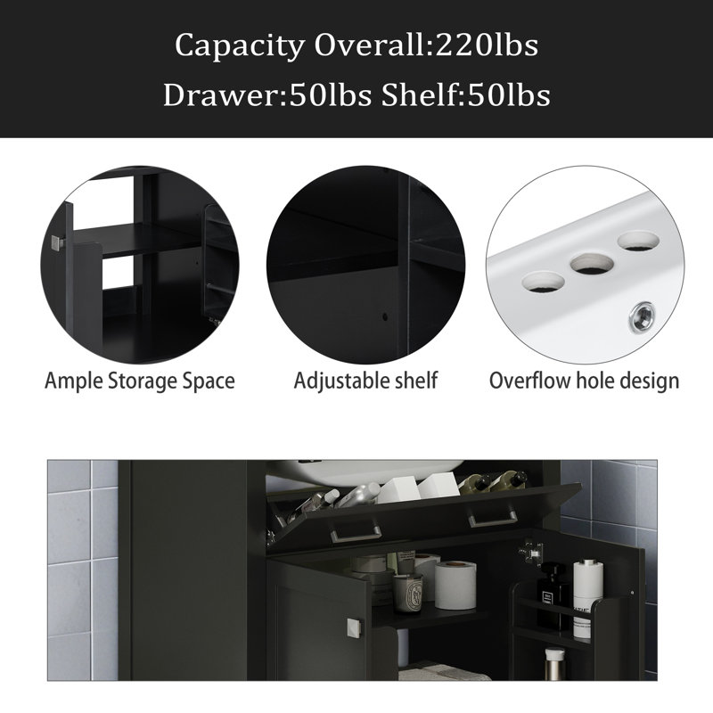 Meuble-lavabo de 30 po avec lavabo en céramique, armoire de salle de bain simple noire moderne avec 2 portes et une tablette, portes à fermeture douce