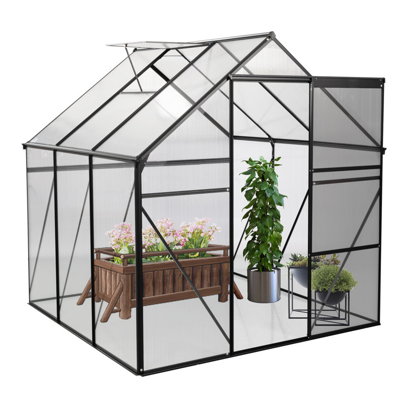 Serre en polycarbonate noir de 6 pi x 6 pi - Toit réglable pour embellissement du jardin toutes saisons, porte coulissante, structure rouille noire, base galvanisée