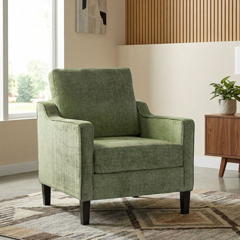 Mid-century Accent Chair, Modern Upholstered Chenille Armchair & Padded Reading Chair, Removable Cover & Wood Legs Living Room chair, Single sofa For small Space/apartment(Green)