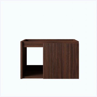 Meuble de salle de bain suspendu de 61 cm (24 po) avec porte rayée et tablette ouverte (sans lavabo ni comptoir), fini noyer foncé.