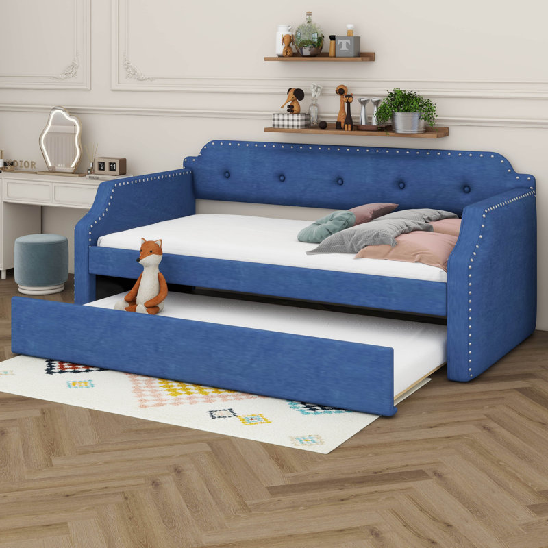 Twin Size Linen Upholstered Daybed With Trundle, Wooden Frame Armrests Bed W/Wood Slat Support, Arched Back & Nailhead Trim