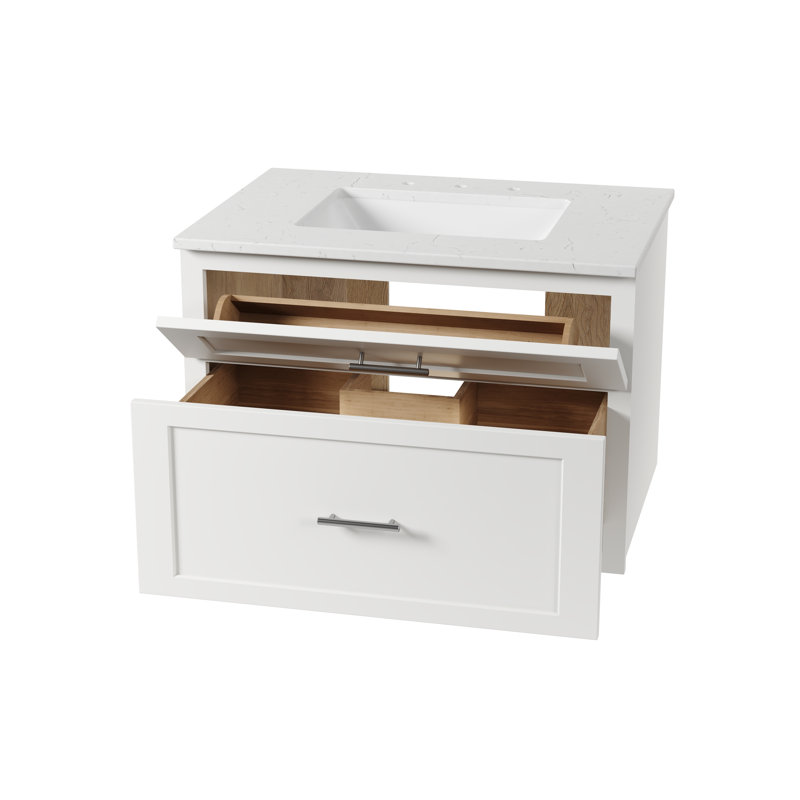  Meuble-lavabo mural simple flottant 30 po avec comptoir en quartz Carrara, Blanc