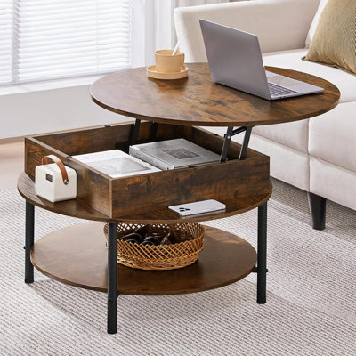 Round Lift Top Coffee Table With Hidden Compartment & Storage Shelf, 31'' Farmhouse Coffee Table Center Tables, 2-tier Small Round Dining Table For Living Room Reception Room, Rustic Brown