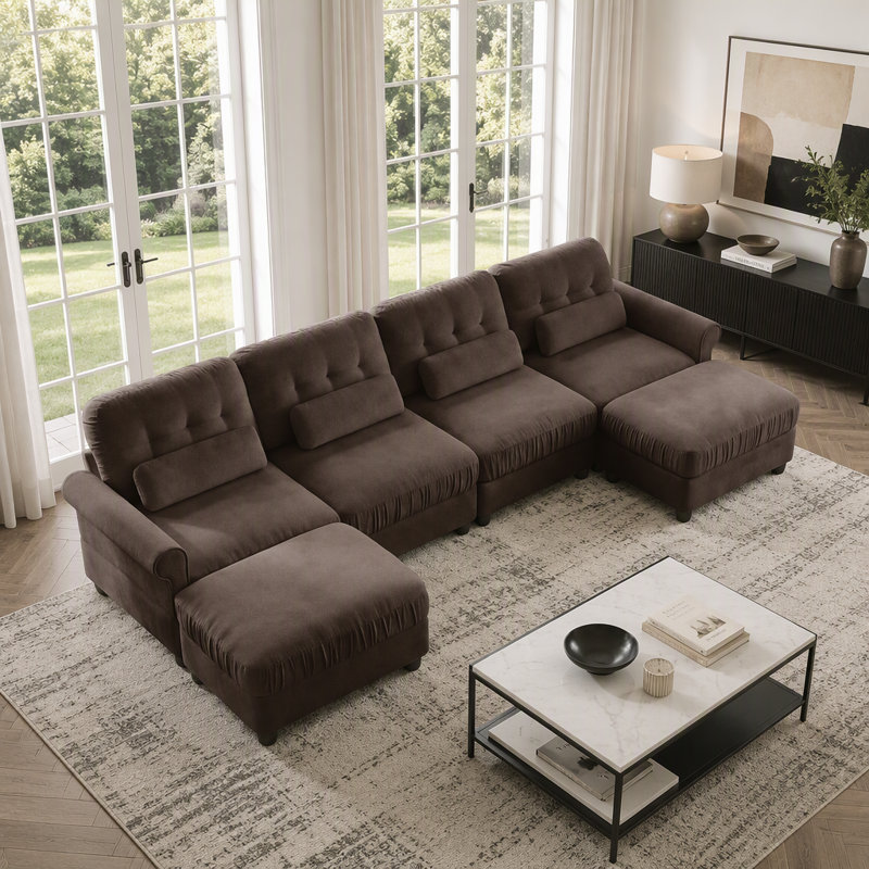 Canapé modulaire en U chenille 4 places avec repose-pieds double, Chenille brun