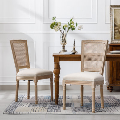 Accent Chairs Living Room Chairs Set Of 2 Solid Wood Frame Linen Fabric Square Rattan Back Dining Chairs