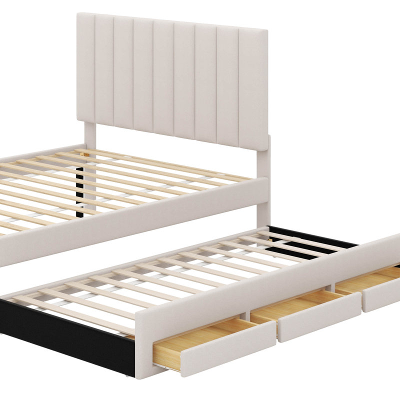 Lit plateforme double avec lit gigogne et tiroirs, Beige