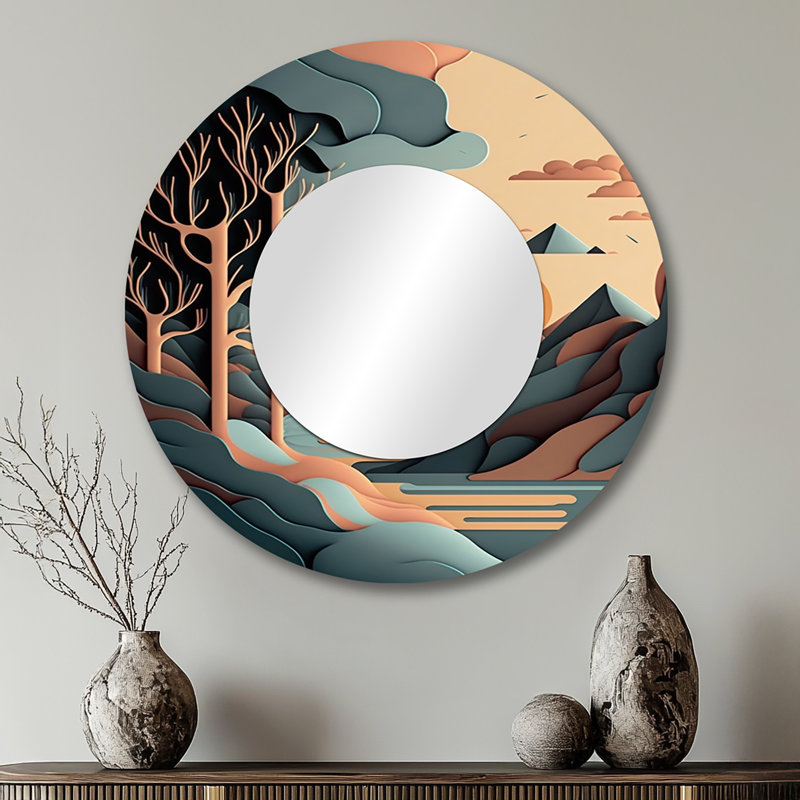 Mountain Trees In Retro Graphic - miroir décoratif montagnes, grand miroir mural rond jaune, impression sur métal