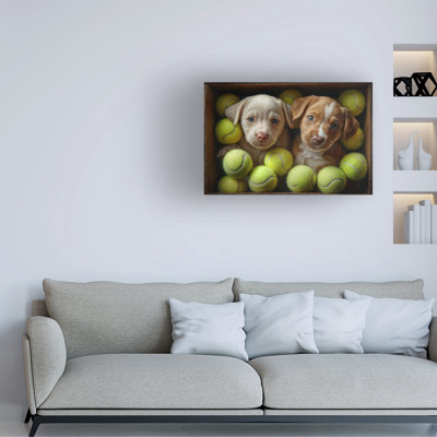 Wrapped Canvas Wall Art - Imagine It Images 'Puppies in a box of tennis balls' Wall Art for Living Room, Bedroom, or Office Décor  - 22x32